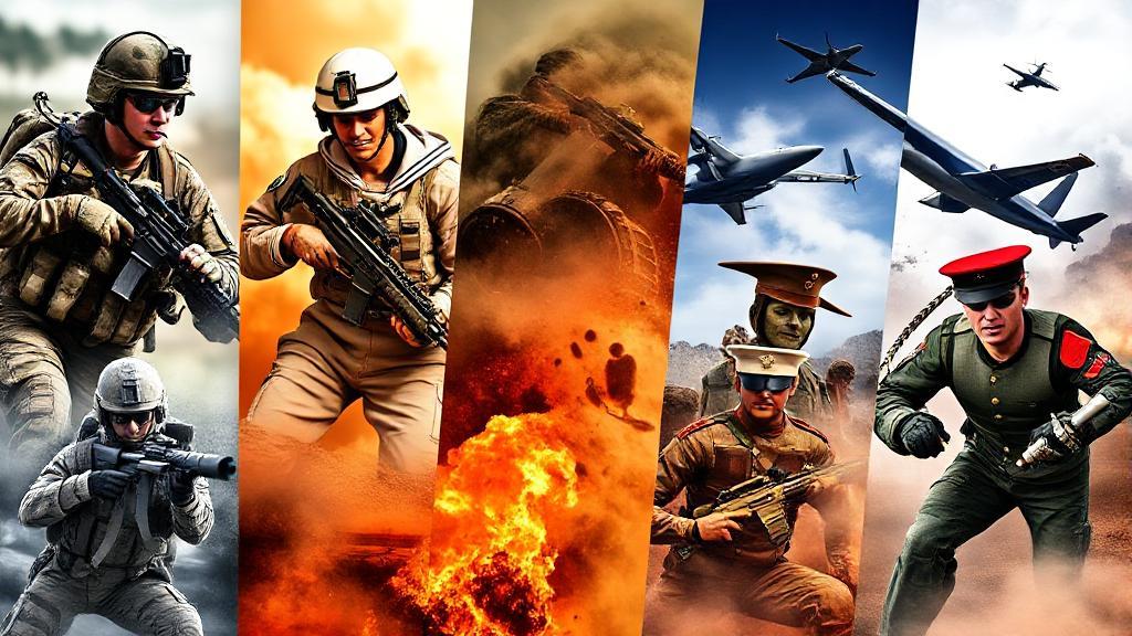 A dynamic collage of soldiers, sailors, airmen, and marines in action, representing the diverse roles and environments of each military branch.