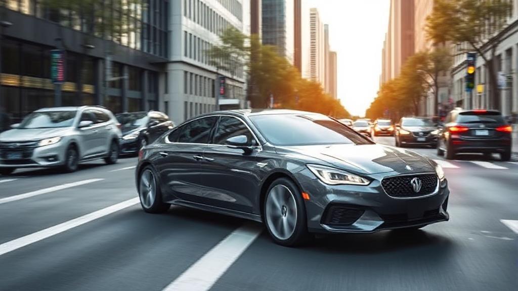 A sleek car navigating a busy city street, symbolizing the protection offered by collision insurance coverage.