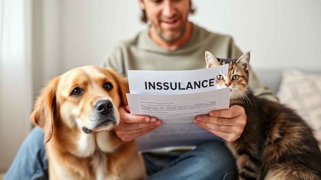 A thoughtful pet owner reviews insurance documents with their dog and cat by their side, symbolizing the decision-making process for pet insurance.