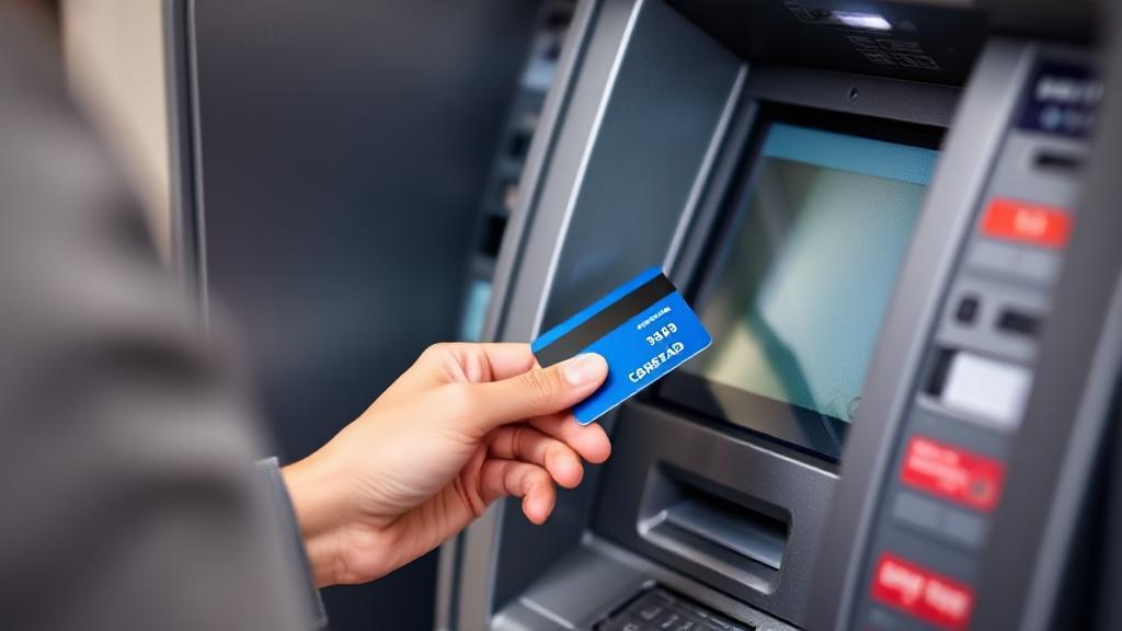 A person withdrawing cash from an ATM using a credit card, with a focus on the card and ATM screen.