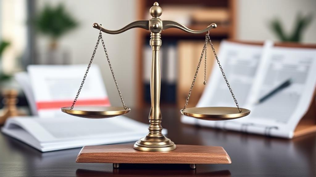 A balanced scale symbolizing the advantages and disadvantages of serving as your own registered agent, set against a backdrop of legal documents and a home office.