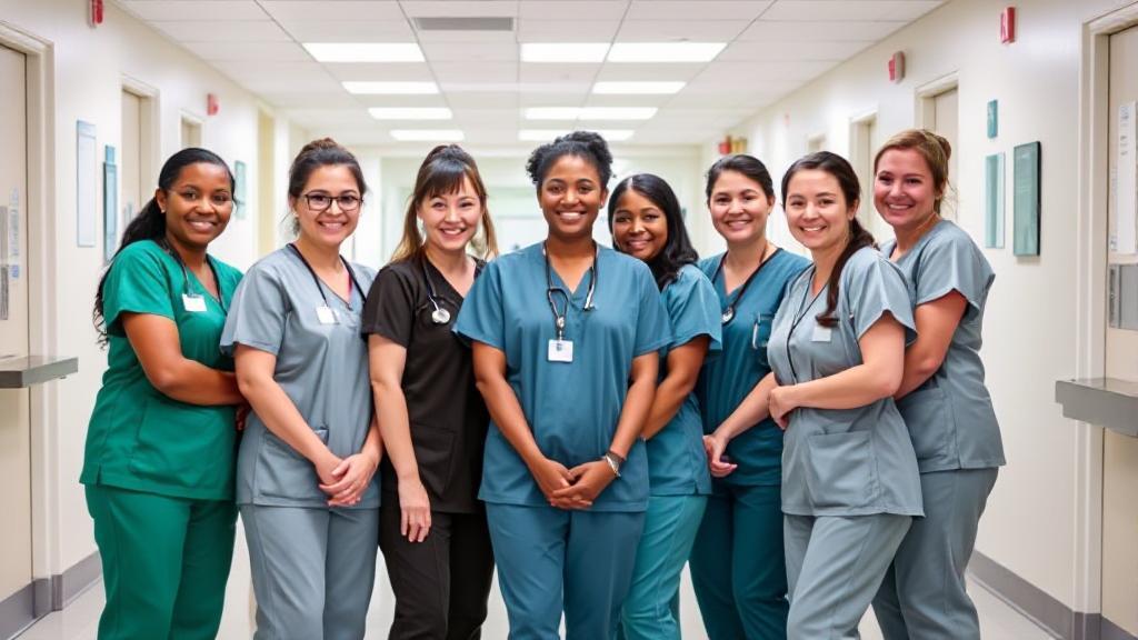 A diverse group of nurses in scrubs, smiling and standing together in a hospital setting, symbolizing the journey to becoming a Registered Nurse.