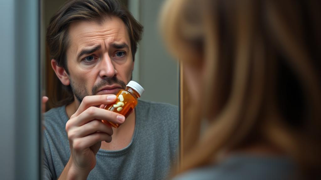 A concerned individual holding a pill bottle, contemplating their reflection in a mirror.