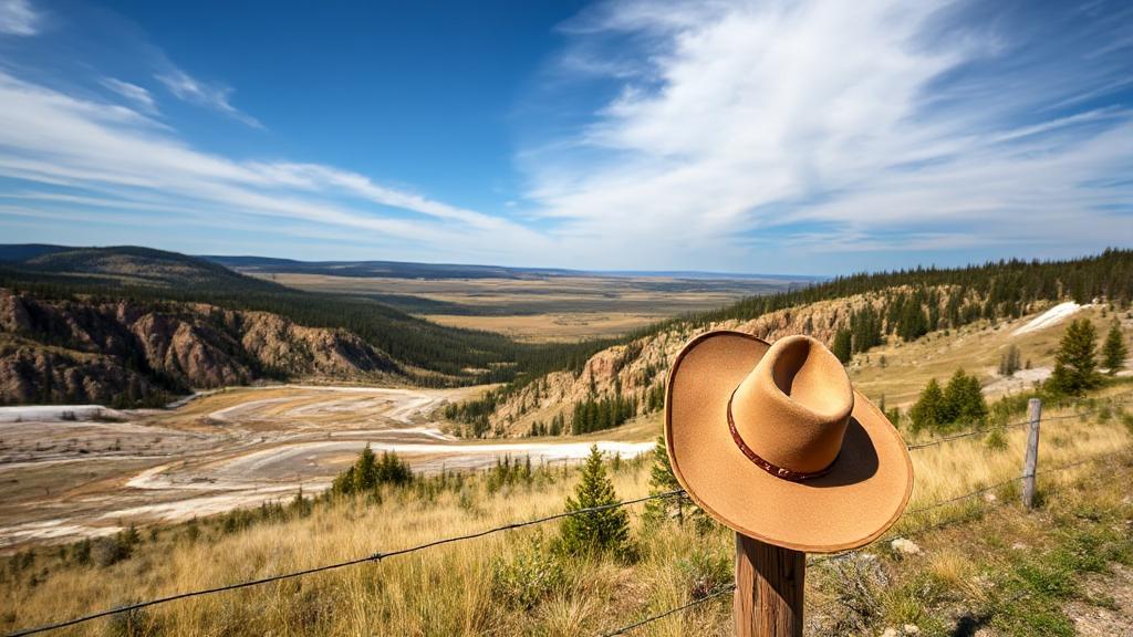 A scenic view of the rugged Yellowstone landscape with a cowboy hat resting on a fence post under a vast, open sky.