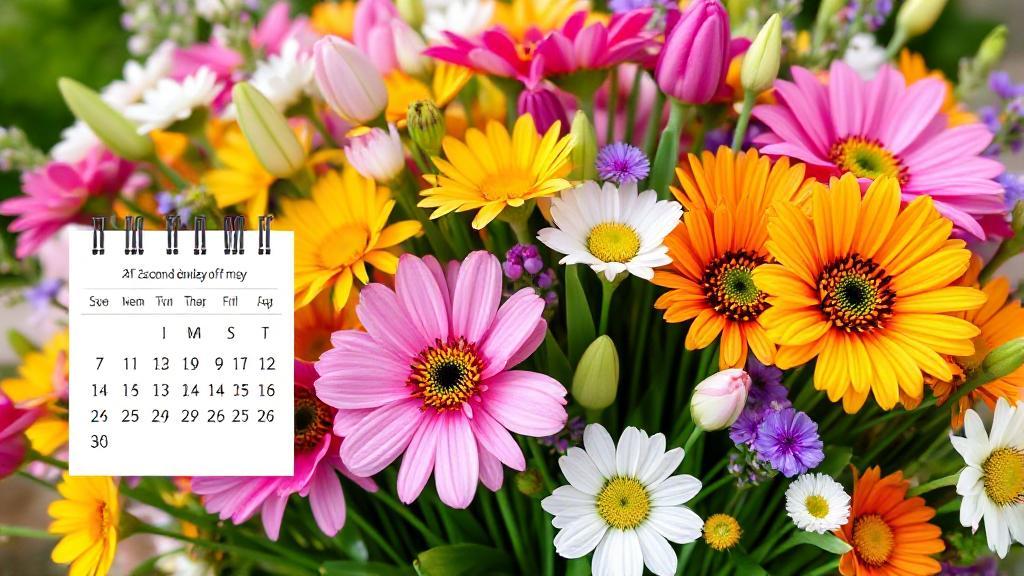 A vibrant bouquet of spring flowers with a calendar marked on the second Sunday of May.