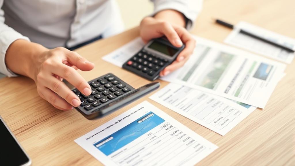 A person analyzing their finances with a calculator and credit card statements on a table, symbolizing the process of determining an ideal credit line.