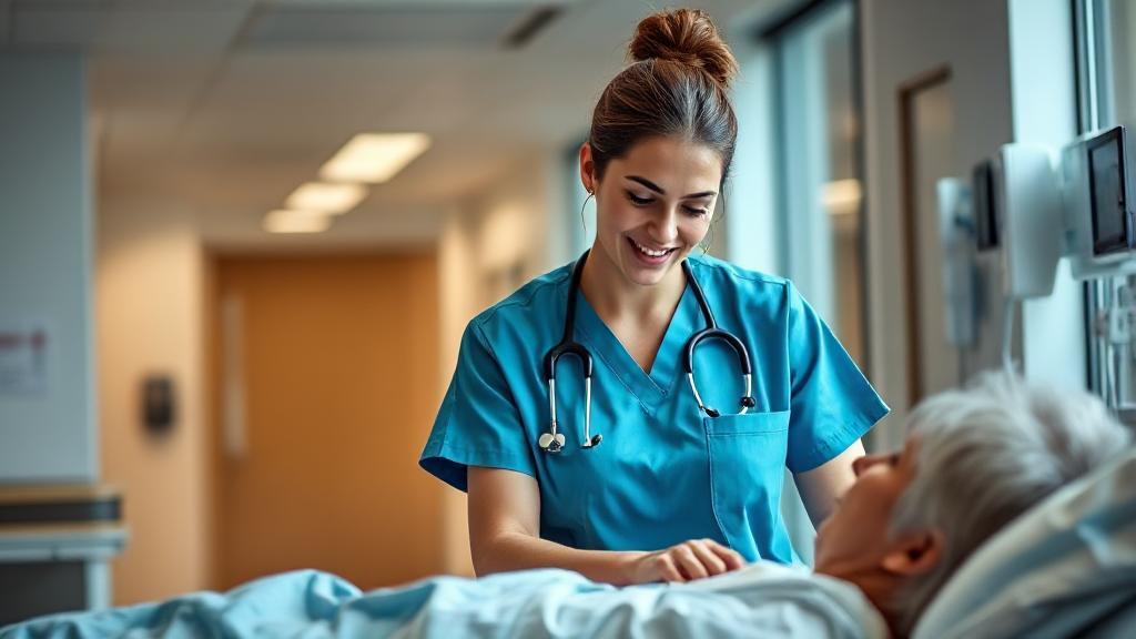 A compassionate registered nurse attentively caring for a patient in a modern hospital setting.