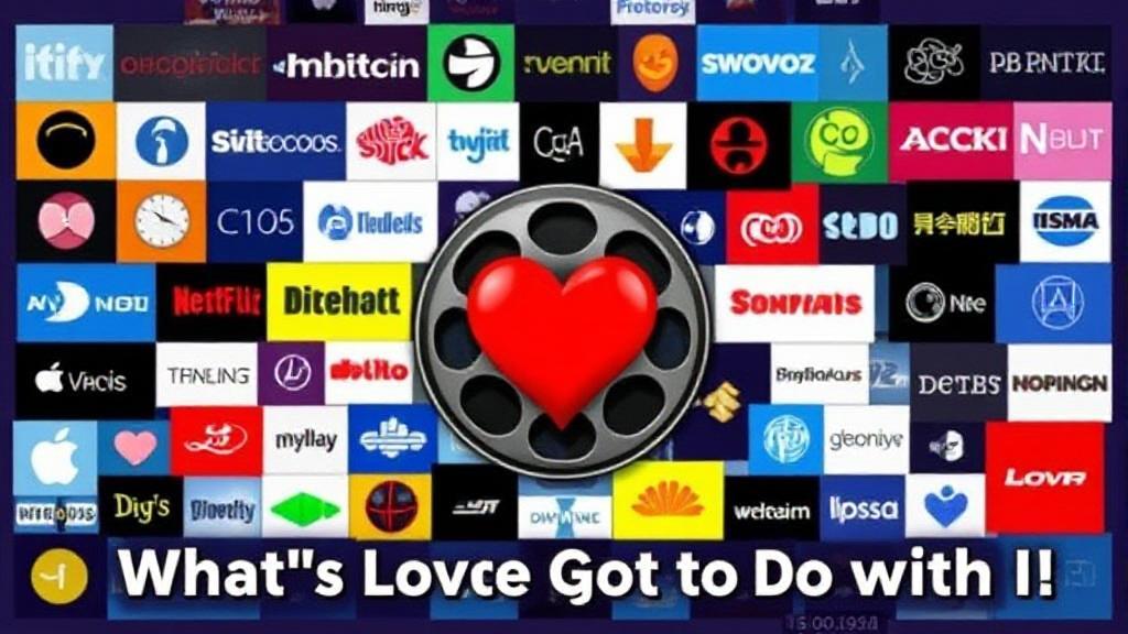 A vibrant collage of streaming platform logos surrounding a film reel and a heart, symbolizing the search for "What's Love Got to Do with It" online.