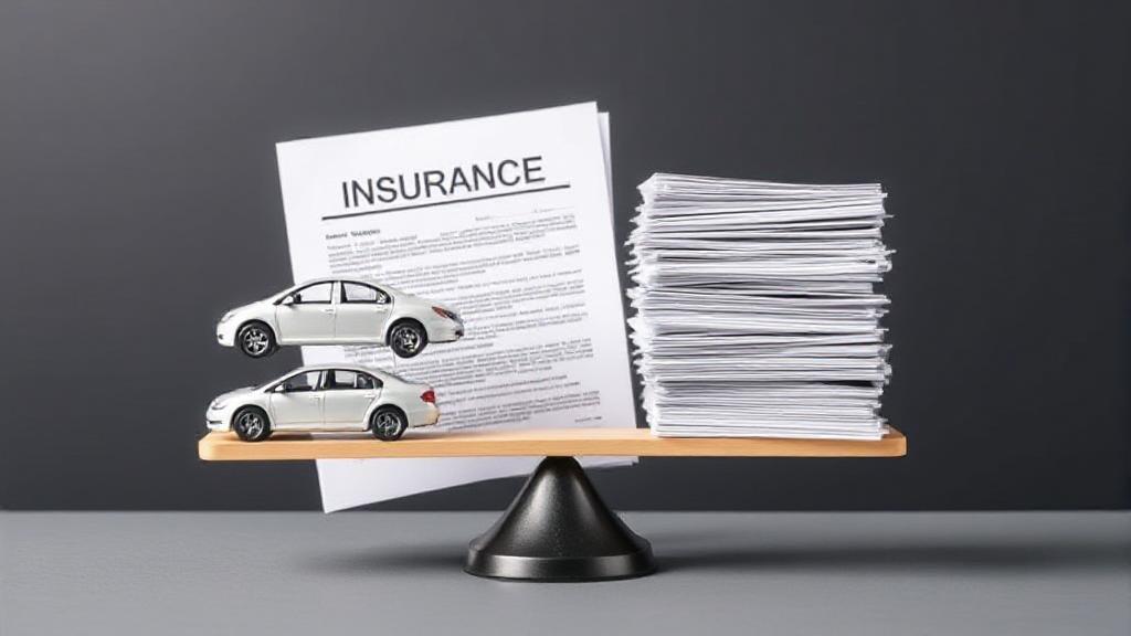 A balanced scale with a car on one side and a stack of insurance policy documents on the other, symbolizing the decision-making process for car insurance coverage.