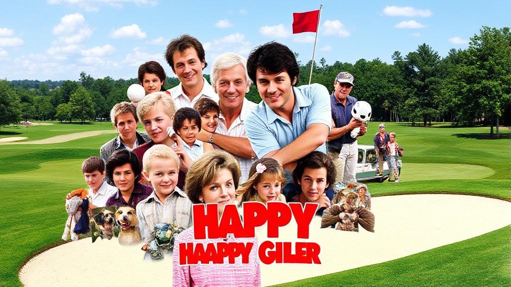 A vibrant collage featuring iconic scenes and characters from "Happy Gilmore," set against a backdrop of a golf course.