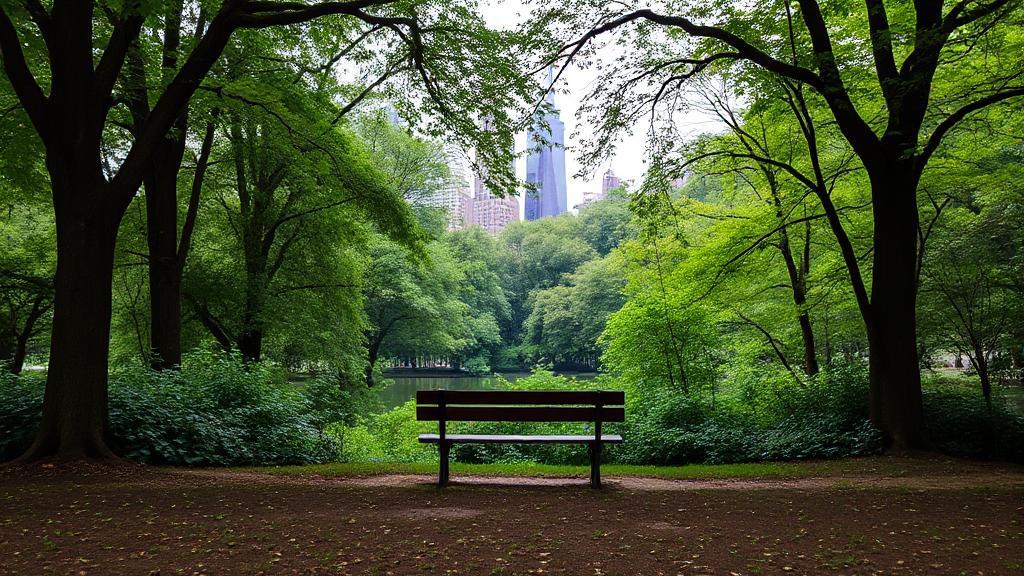 A serene view of a tranquil, secluded bench in Central Park surrounded by lush greenery, offering a peaceful escape from the bustling city.