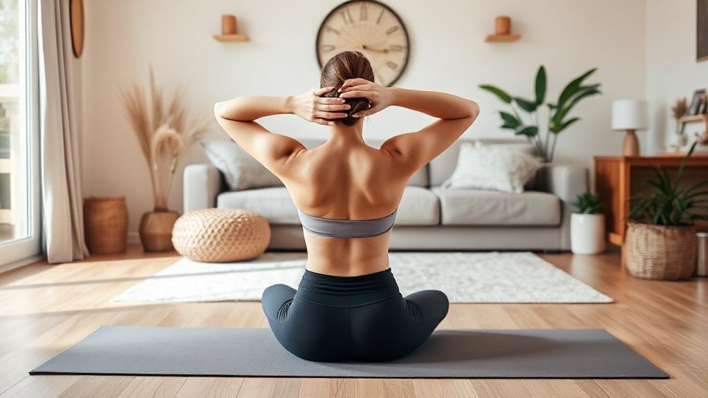A serene home setting with a person gently stretching their upper back on a yoga mat, surrounded by calming decor.
