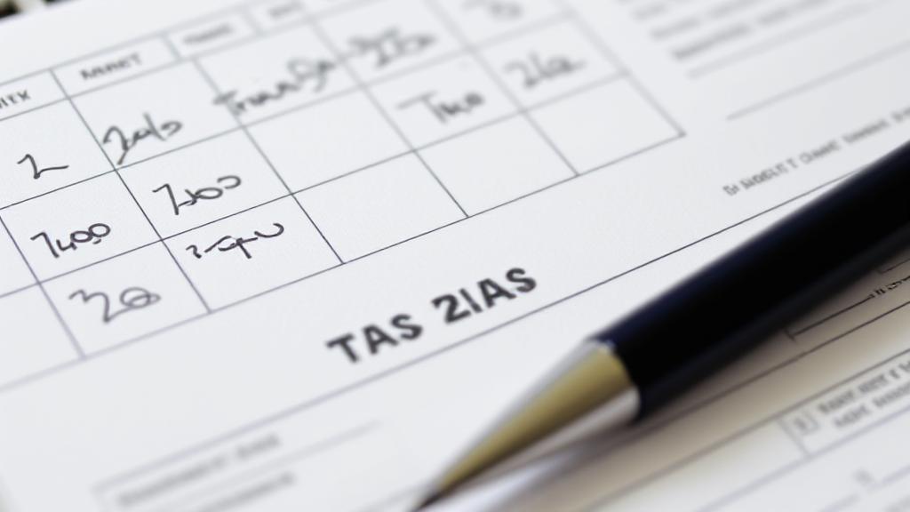 A calendar marked with important tax deadlines and a pen resting on a tax form.