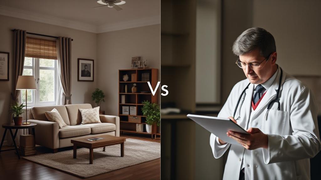 A split image depicting a therapist's cozy office with a couch and a psychiatrist's clinical setting with a prescription pad, symbolizing the choice between therapeutic and medical mental health care.
