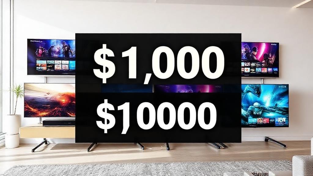 A sleek lineup of modern smart TVs displayed in a bright living room, each showcasing vibrant 4K content, with a bold "$1000" price tag graphic overlay.