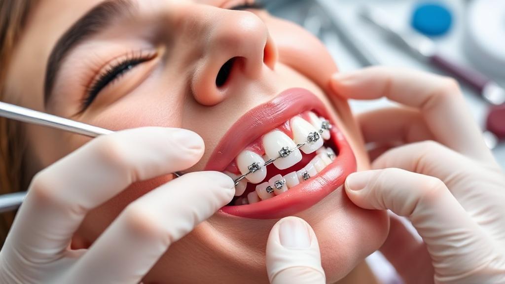 A close-up image of an orthodontist's hands carefully placing braces on a patient's teeth, with dental tools and equipment visible in the background.