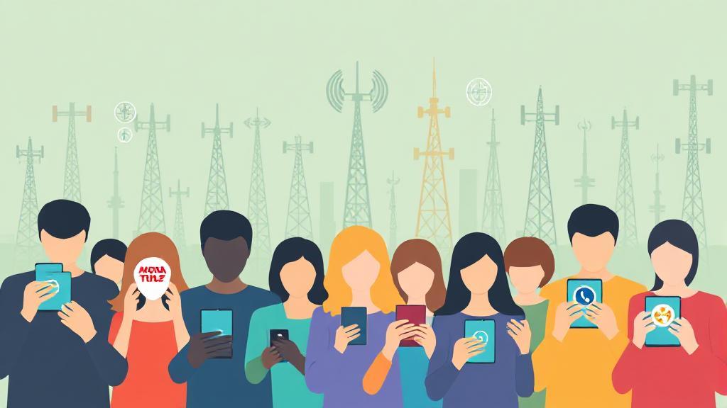 A diverse group of people using smartphones, each displaying different mobile carrier logos, against a backdrop of cell towers and network signals.