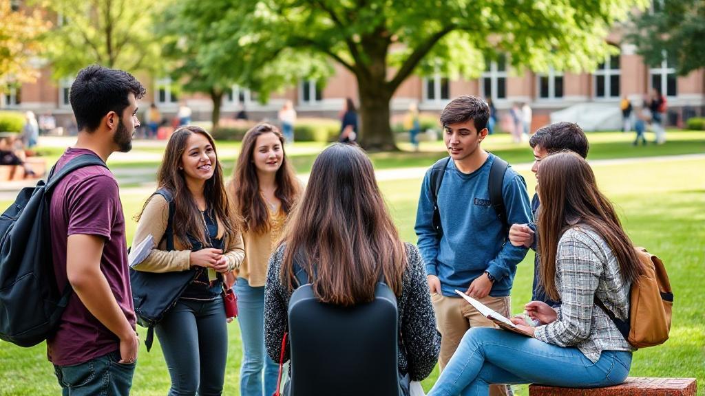 A diverse group of undergraduate students engaged in lively discussion on a university campus lawn.