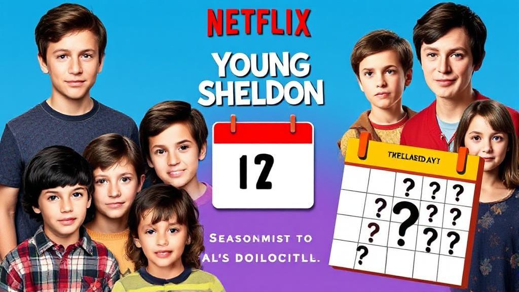A vibrant collage featuring the young cast of "Young Sheldon" with a Netflix logo and a calendar marked with question marks, symbolizing the anticipation of the Season 7 release date.