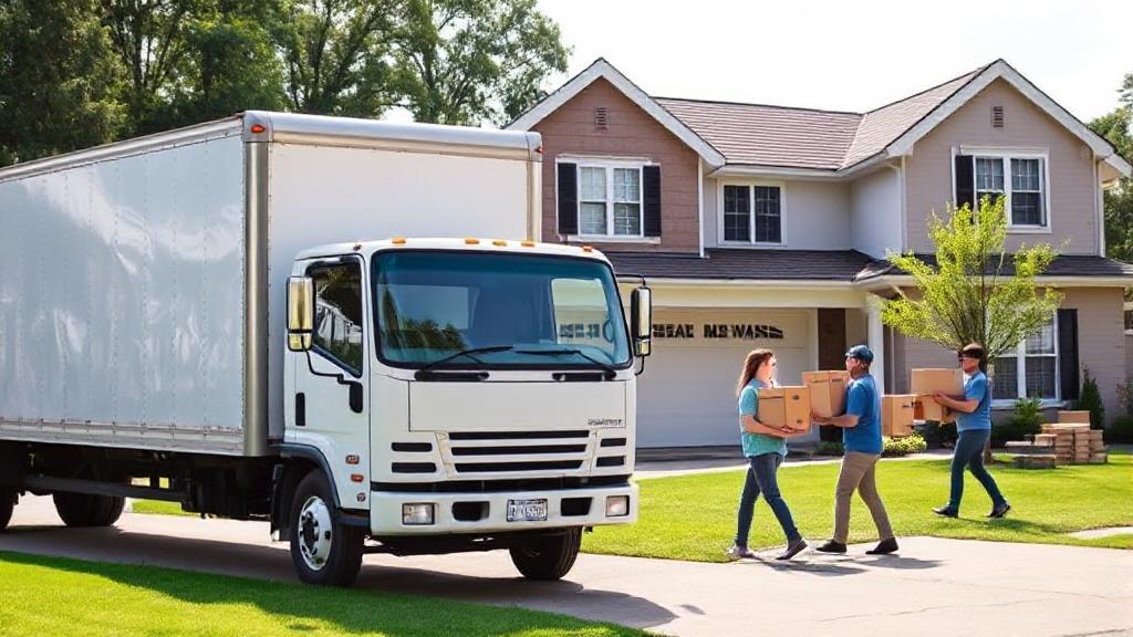 A moving truck parked in front of a suburban house, with movers carrying boxes, symbolizing the logistics and expenses of relocation services.
