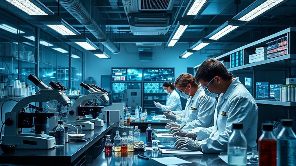 A high-tech forensic lab with scientists analyzing evidence under bright lights, surrounded by microscopes, DNA sequences, and digital crime scene reconstructions.
