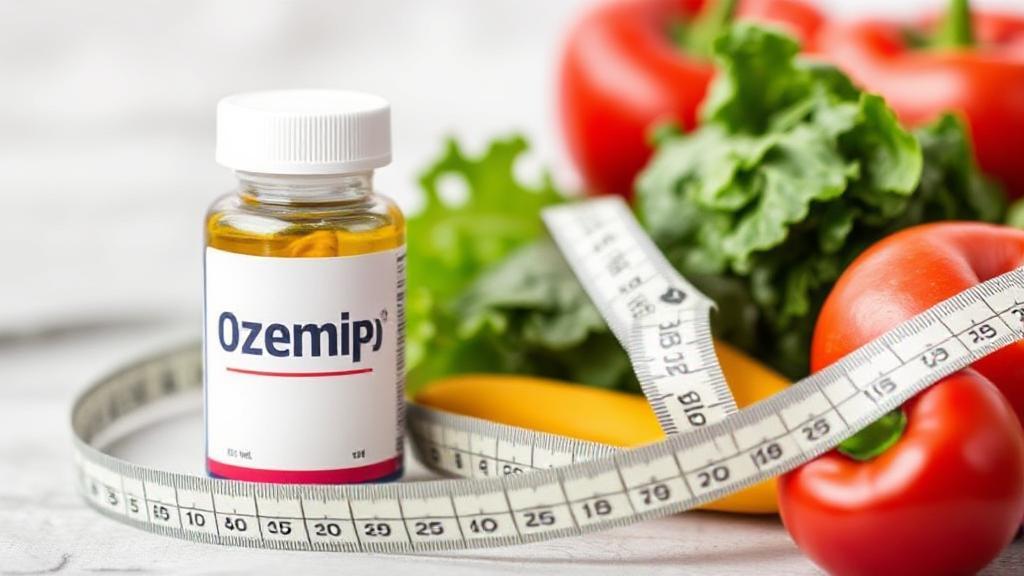 A sleek image of a prescription bottle labeled "Ozempic" alongside a measuring tape and fresh vegetables, symbolizing weight loss and health.