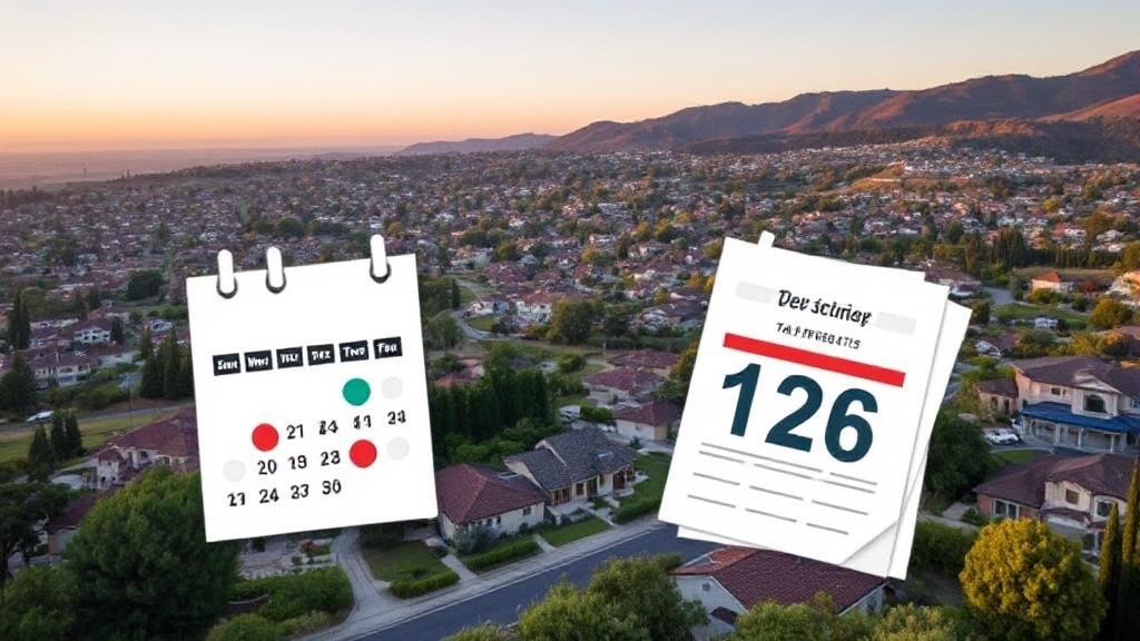 A scenic view of a California neighborhood with a calendar and tax documents overlay, symbolizing property tax deadlines.