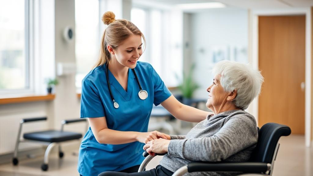 A professional occupational therapist assisting a patient in a modern rehabilitation clinic setting.