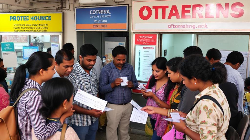 A diverse group of people exchanging checks for cash at various alternative financial service locations.