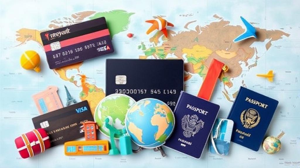 A vibrant collage of credit cards, passports, and travel icons set against a world map background, symbolizing global travel rewards and benefits.