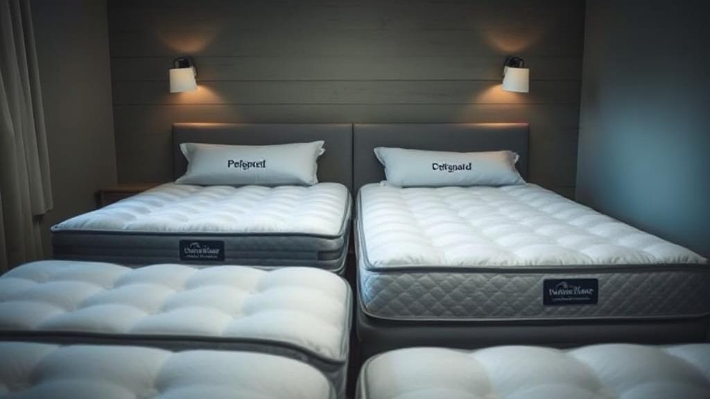 A cozy bedroom scene featuring a variety of mattresses, each labeled with different sleep preferences, under soft, ambient lighting.