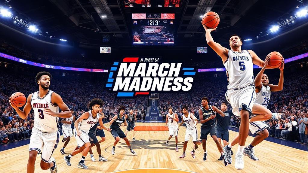 A dynamic collage of college basketball players in action, set against a backdrop of a packed stadium, capturing the excitement and anticipation of March Madness.