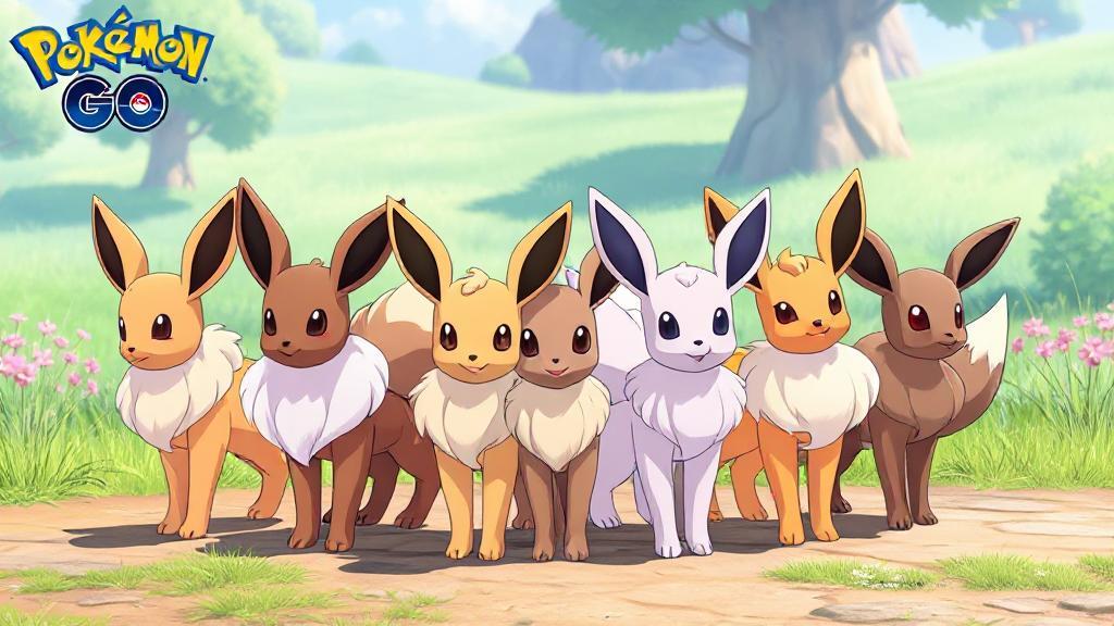 A vibrant lineup of all Eevee evolutions standing together in a Pokémon GO-themed landscape.