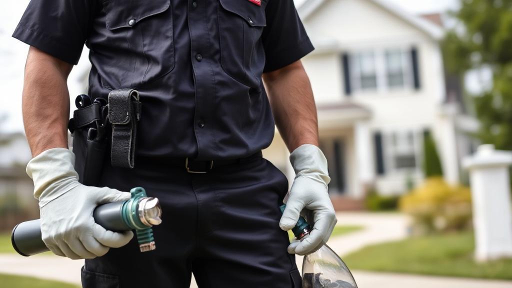 A close-up image of a professional exterminator in uniform, holding pest control equipment, with a suburban home in the background.