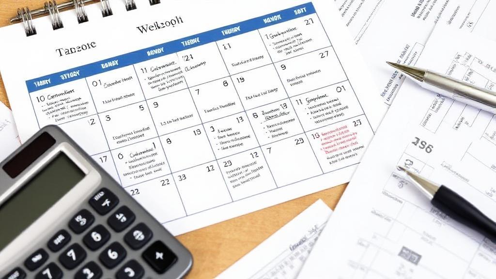 A calendar marked with important tax deadlines and reminders, surrounded by financial documents and a calculator.