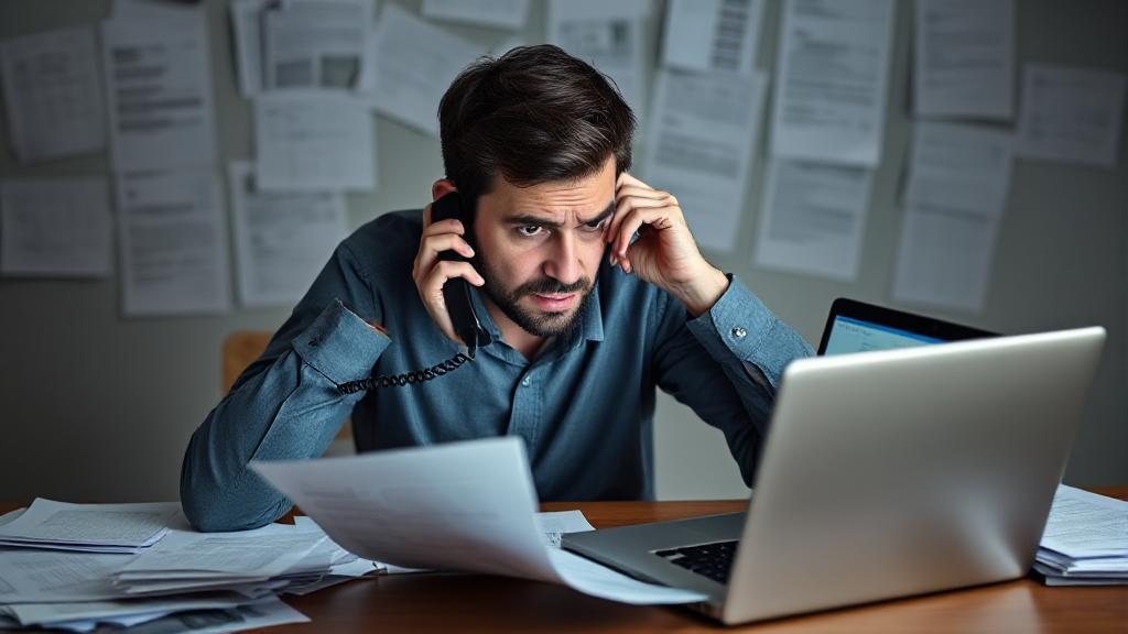 A frustrated person on the phone with a car insurance company, surrounded by paperwork and a laptop displaying a cancellation form.