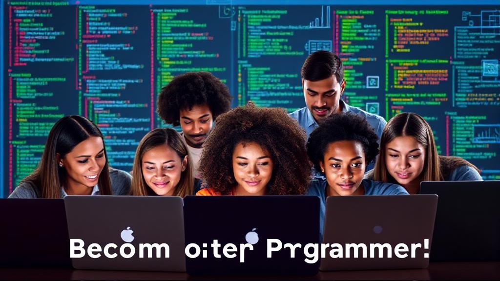A diverse group of individuals focused on their laptops, surrounded by code snippets and digital graphics, symbolizing the journey to becoming a computer programmer.