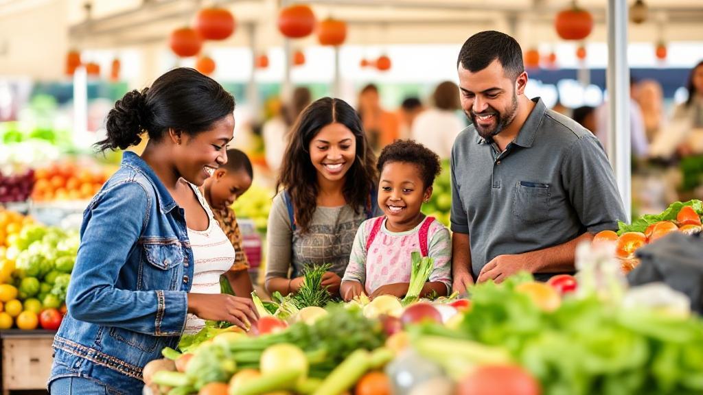 A diverse group of families shopping for fresh produce at a farmer's market, symbolizing access to nutritious food through WIC benefits.