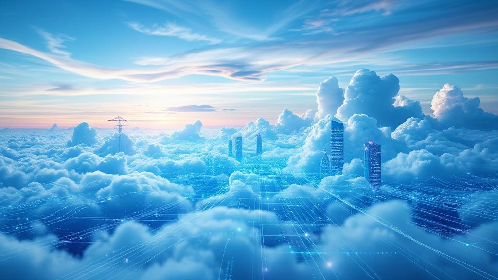 A futuristic skyline with digital clouds and interconnected data streams symbolizing the concept of cloud computing.