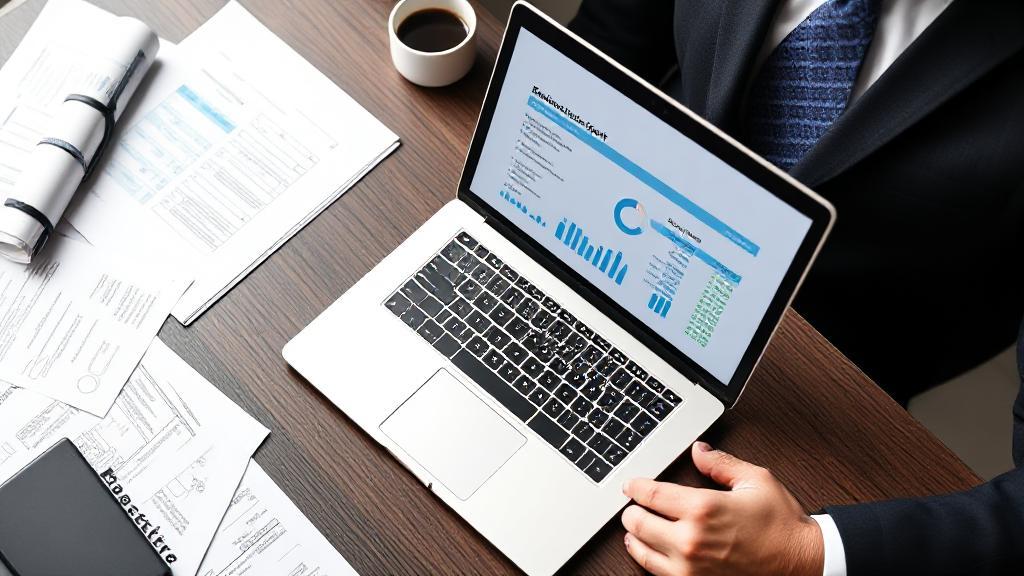 A professional workspace featuring a laptop displaying a business credit score report, surrounded by financial documents and a cup of coffee.