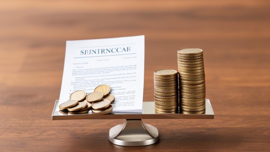 A balanced scale with coins on one side and an insurance policy document on the other, symbolizing the concept of insurance premiums.