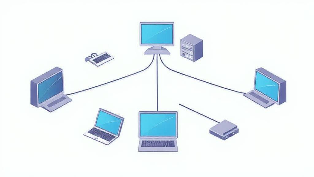 A dynamic illustration of interconnected computers and devices forming a network, symbolizing the concept of a Local Area Network (LAN).