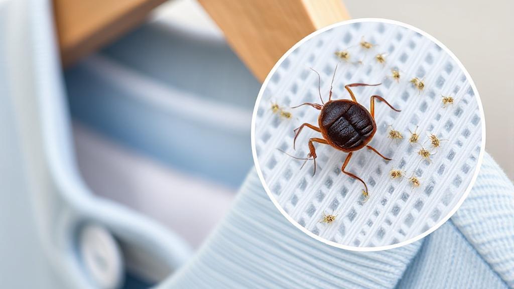 A close-up image of a clothing hanger with a magnified view of head lice nits on fabric fibers.
