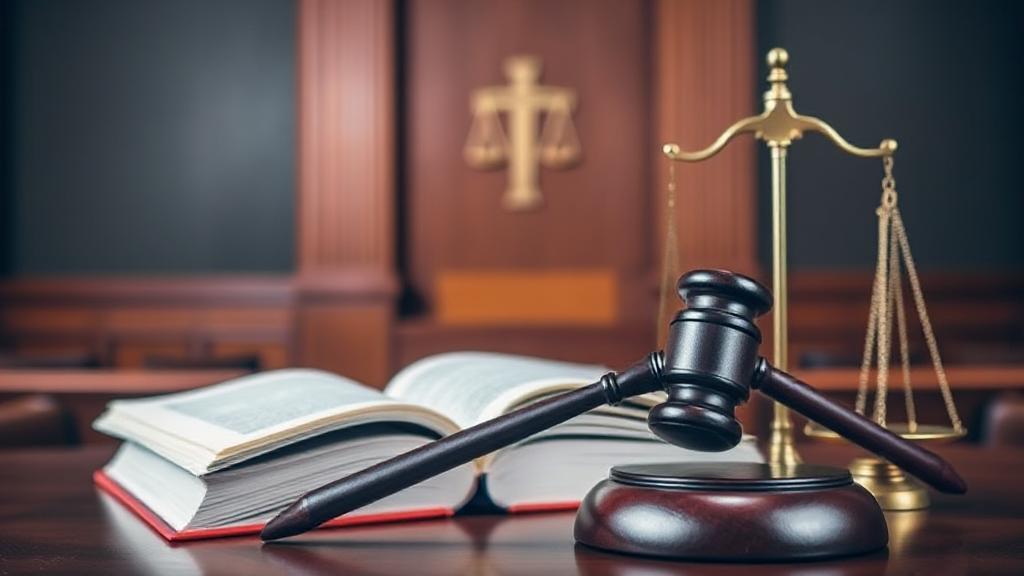 A professional courtroom scene with a gavel, law books, and scales of justice symbolizing the journey to becoming a lawyer.