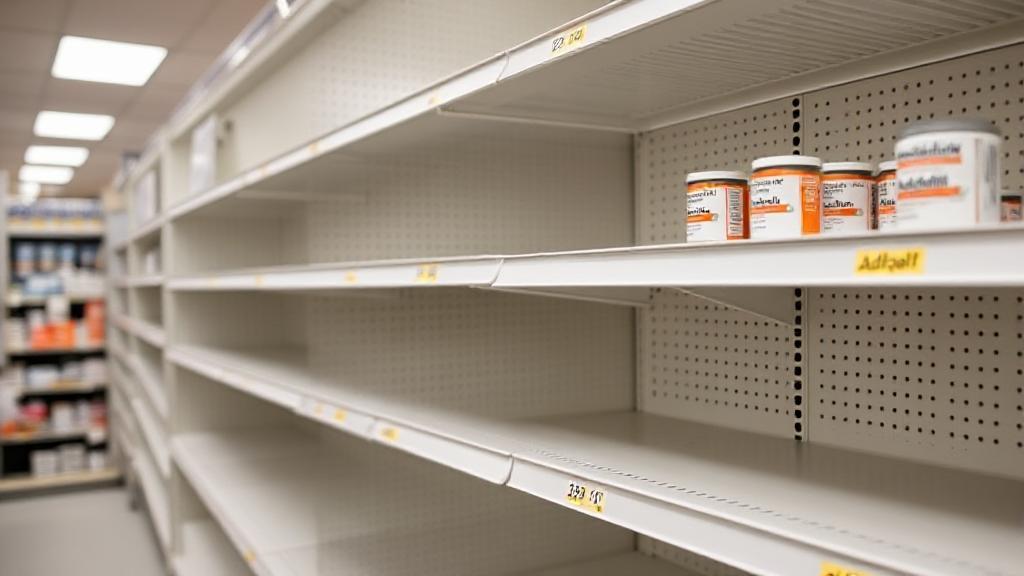 A close-up of empty pharmacy shelves where Adderall is typically stocked, highlighting the ongoing medication shortage in 2023.