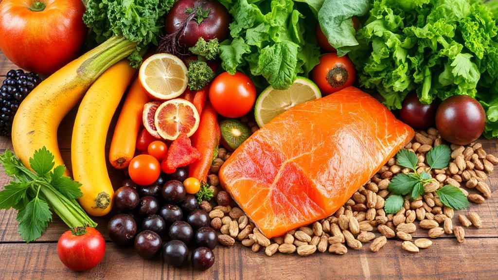 A vibrant assortment of fresh fruits, vegetables, nuts, and salmon artfully arranged on a rustic wooden table, highlighting colorful anti-inflammatory foods.