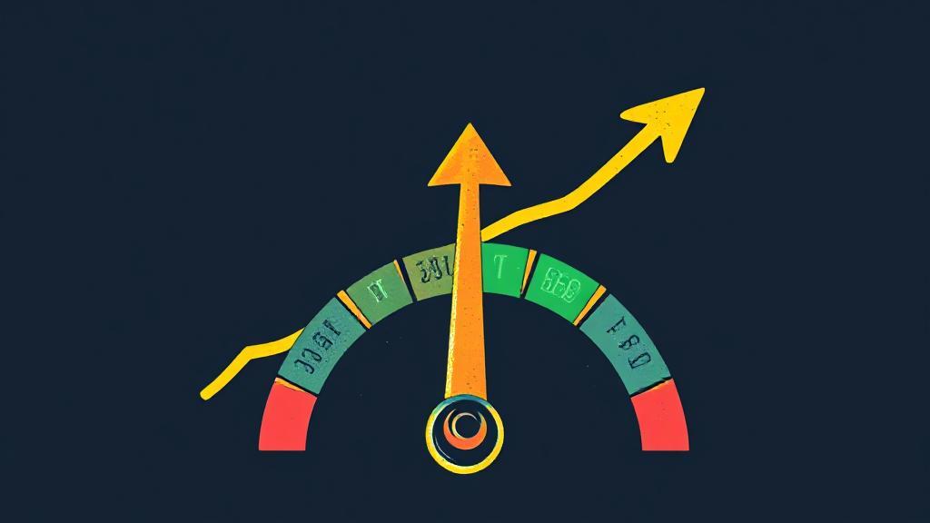 A vibrant illustration of a rising credit score gauge with arrows pointing upwards, symbolizing financial growth and improvement.