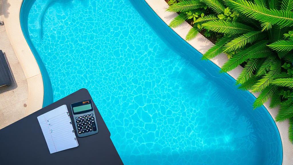 A top-down view of a sparkling blue swimming pool surrounded by lush greenery, with a calculator and notepad placed on a nearby table.