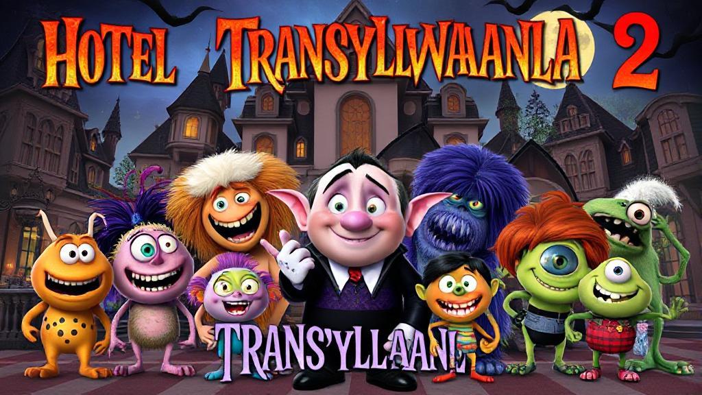 A vibrant collage featuring the quirky monster characters from "Hotel Transylvania 2" against a backdrop of a spooky yet playful hotel setting.
