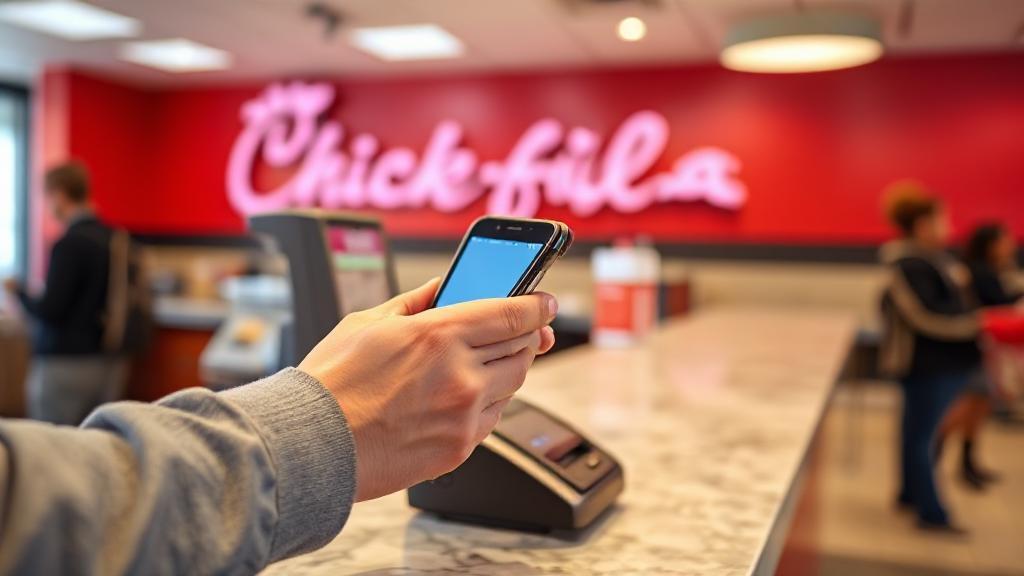 A close-up image of a Chick-fil-A counter with a customer holding an iPhone near a contactless payment terminal.